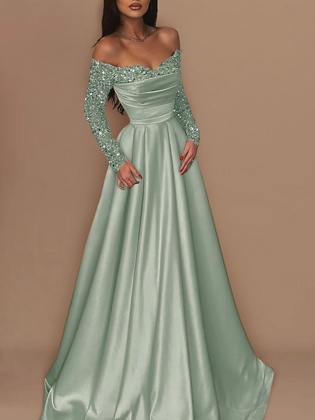 오프 숄더 샴페인 댄스 파티 드레스 스팽글 긴 소매 a 라인 이브닝 드레스 새틴 로브 드 야회 파티 Forml 가운