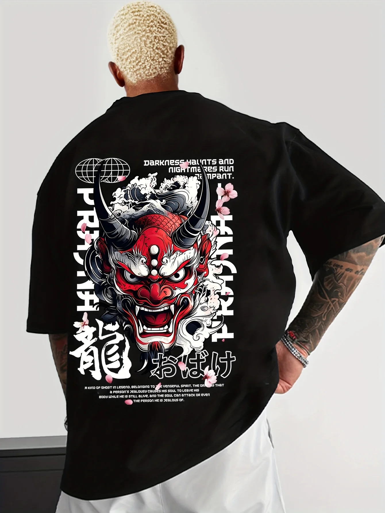 Camiseta japonesa con estampado de Oni Demon Back para hombre, con énfasis en rutina de algodón pesado, camiseta con cuello redondo, camisetas de Cosplay