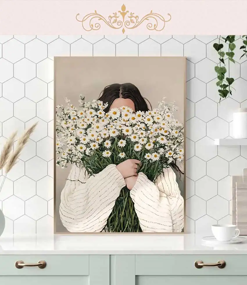 Japanese Woman Abstract Poster Wall Art, Woman with Flowers Eclectic Print, Emerald Abstract Figure Art Wall Decor