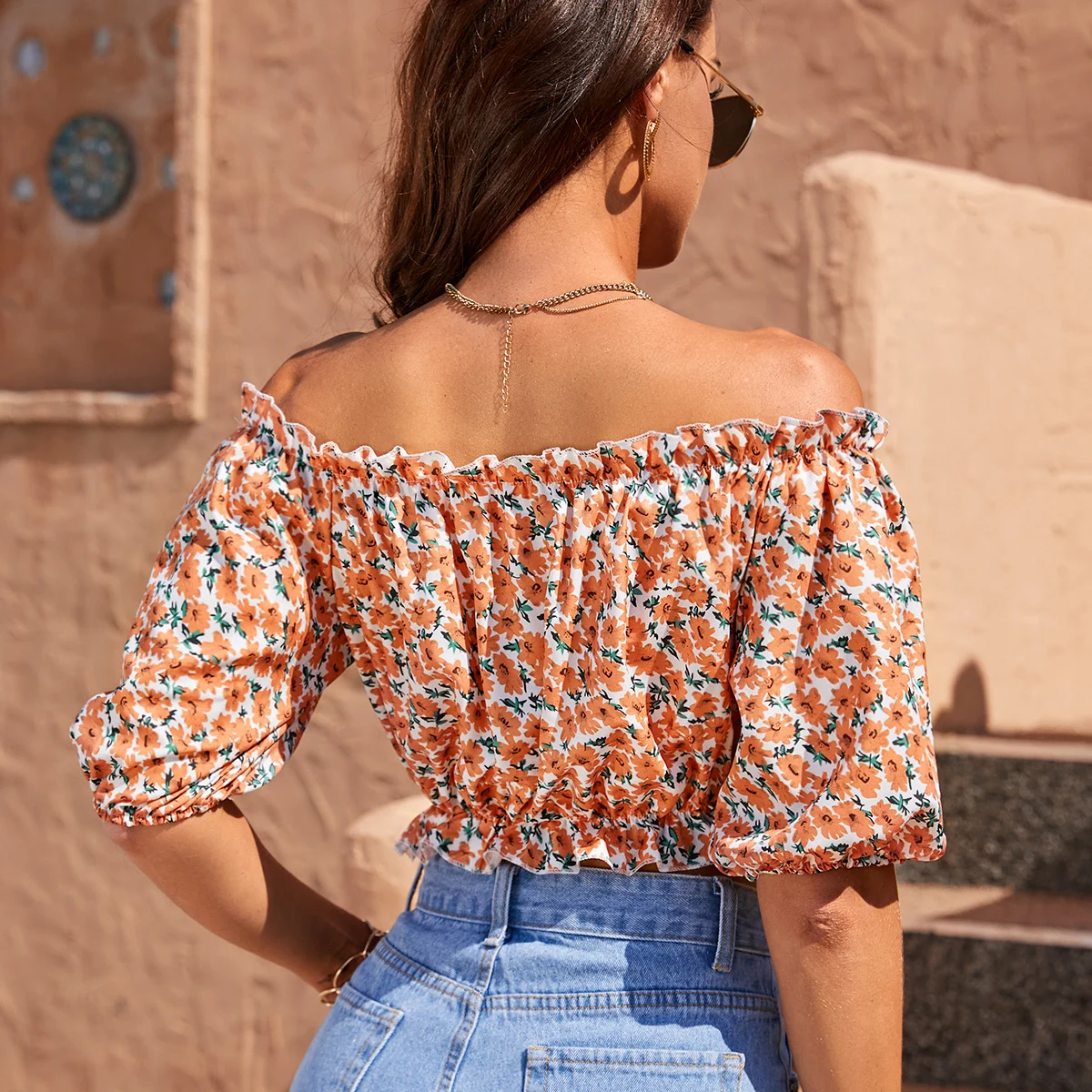 Fashion Floral Lantern Sleeve Casual Shirt For Women Summer Vacation Elastic Off Shoulder Crop Tops Beach Style