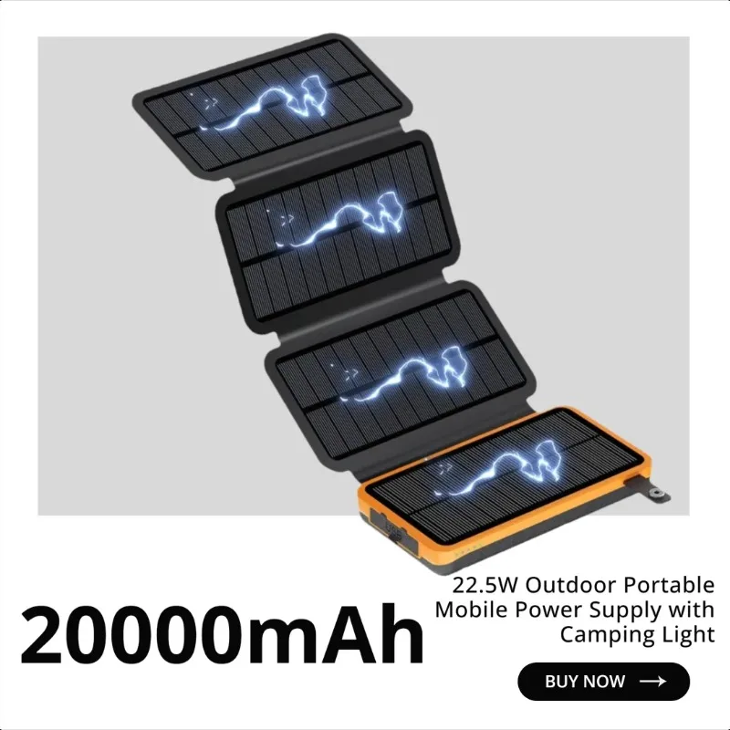 

Solar Power Bank 20000mAh Fast Charging 22.5W Outdoor Portable Mobile Power Supply with Camping Light