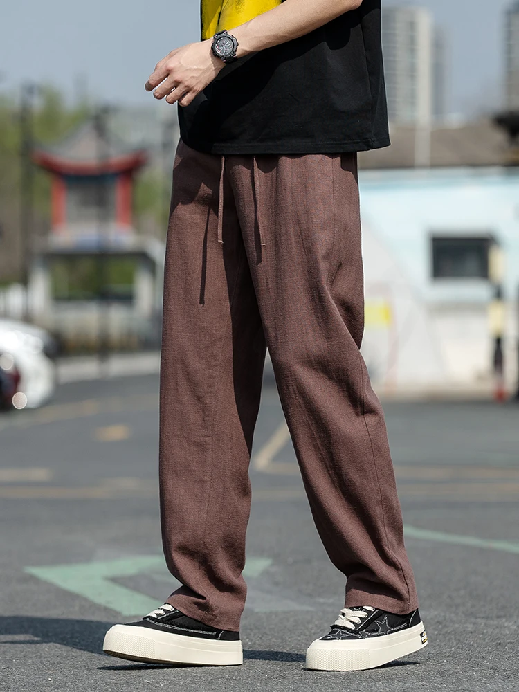 

Мужские летние тонкие льняные брюки коричневого цвета, свободные, больших размеров, прямого кроя, струящиеся, из хлопка и льна, повседневные, широкие, длинные
