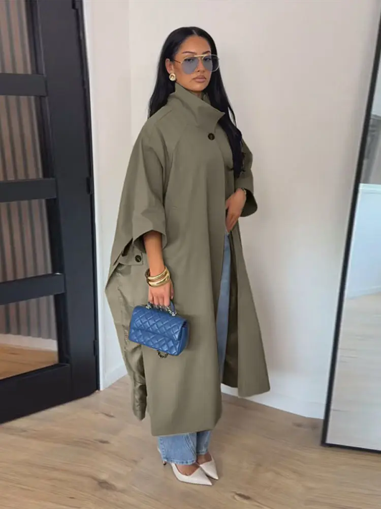 Casual Solid Women's Windbreaker Loose Stand Collar Half Sleeve Button Side Split Coat 2026 Autumn Fashion Female Coats New