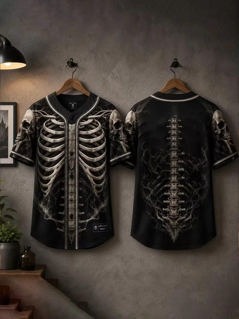Halloween Baseball Jersey Men 3D Pumpkin Skull Spider Web Print Short Sleeve Button Shirt Unisex Horror Costume Streetwear Top