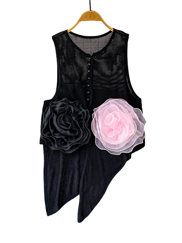 Gilet tricoté à fleurs 3D, haut d'été ajouré à balayage irrégulier pour jeunes femmes, coupe ample, bouton unique