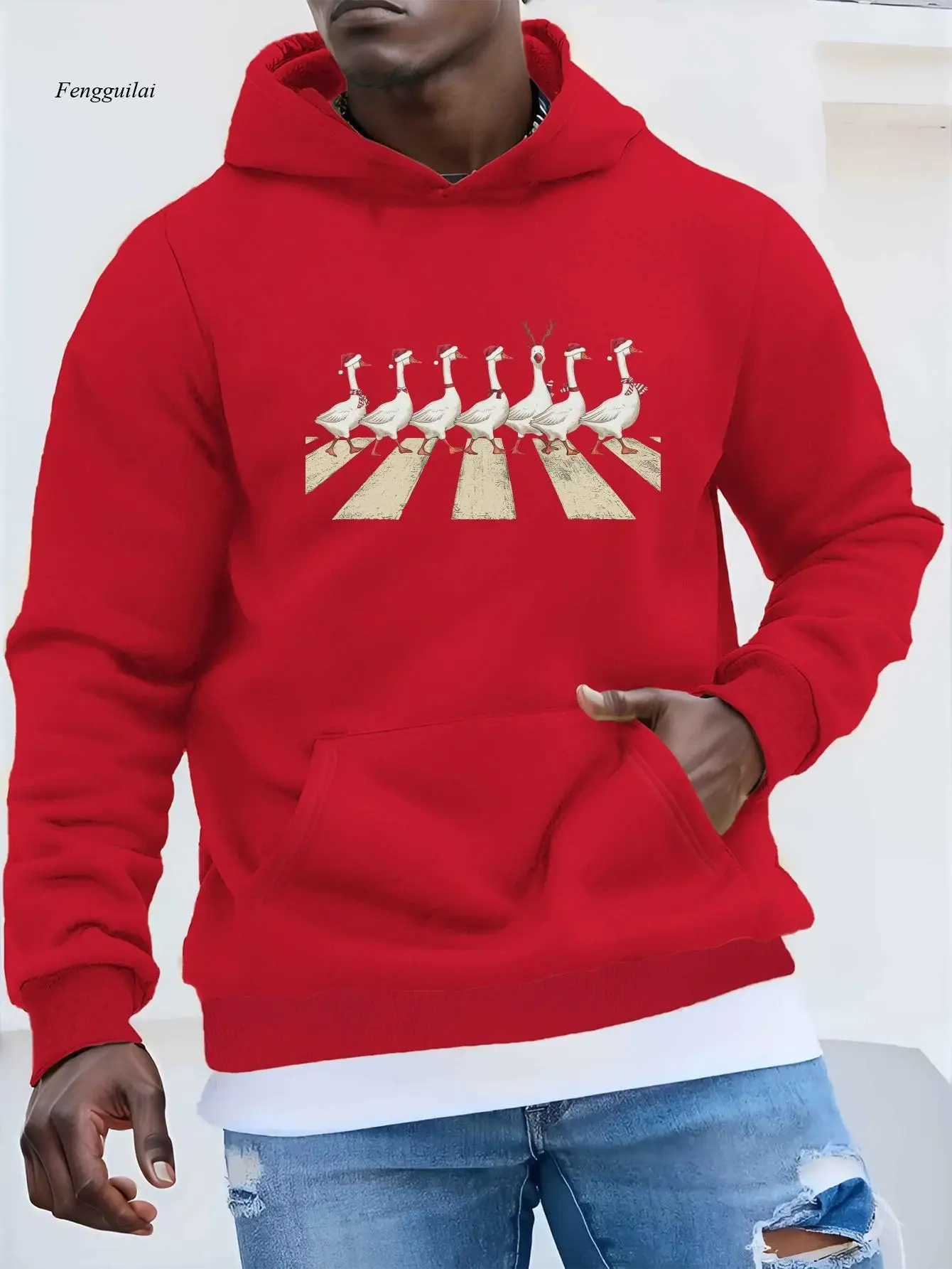 Casual Hoodie with Festive Geese and Santa Hats Print, Long Sleeve, Non-Stretch Fabric, Loose Fit