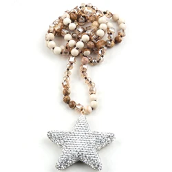 RH Fashion Bohemian Jewelry 6mm Stone/Glass Knotted Crystal Star Pendant Necklace For Women Festival Gift