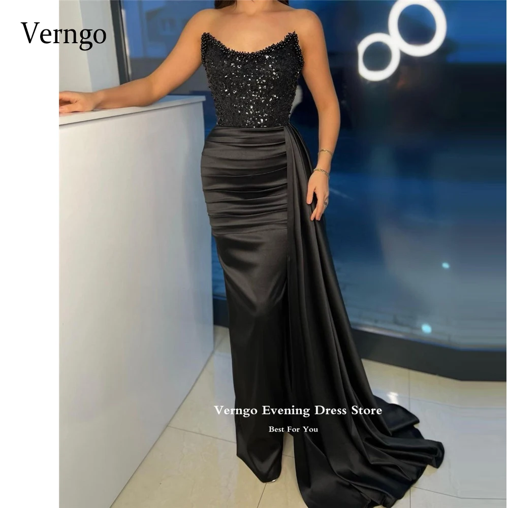 

Verngo Sparkly Black Sequin Pearls Mermaid Prom Dresses Strapless Satin Overskirt Dubai Arabic Long Evening Gowns Formal Party