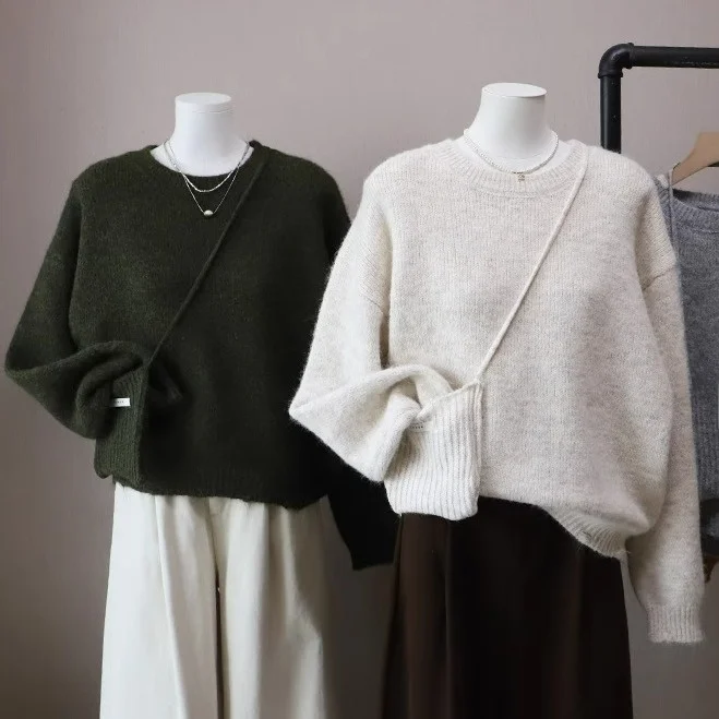 

Women's Loose Casual round Ne Knitted Sweater Autumn Winter New Sle Korean Simple Sle with Small Crossbody Bag