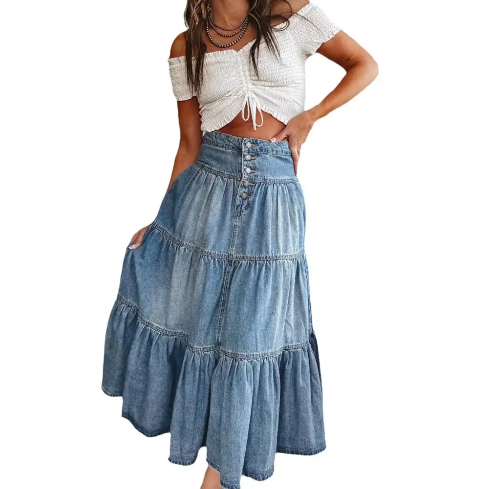 Denim Maxi Skirt Bohemia Style Women's Denim Skirt with High Waist Button Fly Multi-layer Ruffle Stitching Long Casual for A
