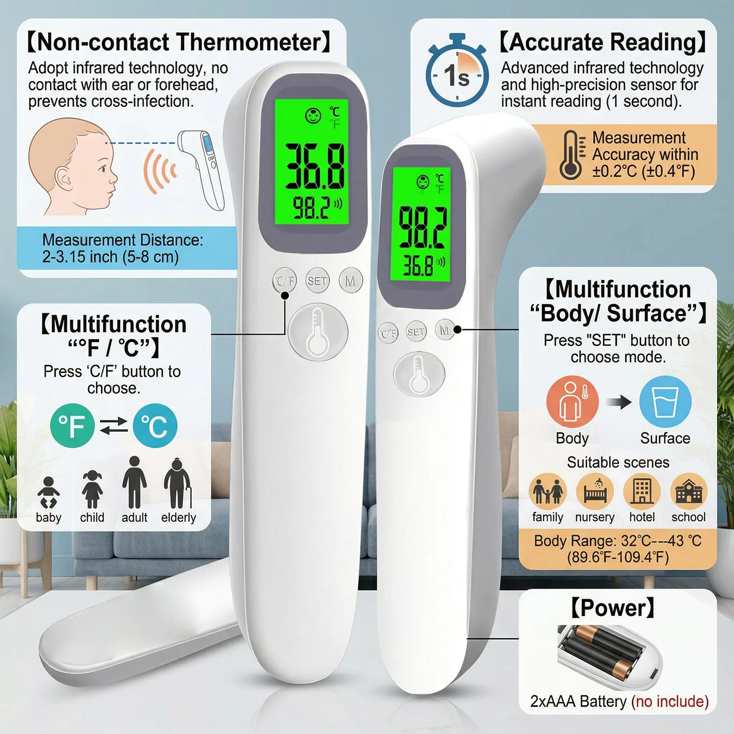 Ear Forehead Infrared Thermometer ℃/℉ 20 Memory Digital LCD Body Fast Measure Fever IR Non-Contact Termometro Kid Adult