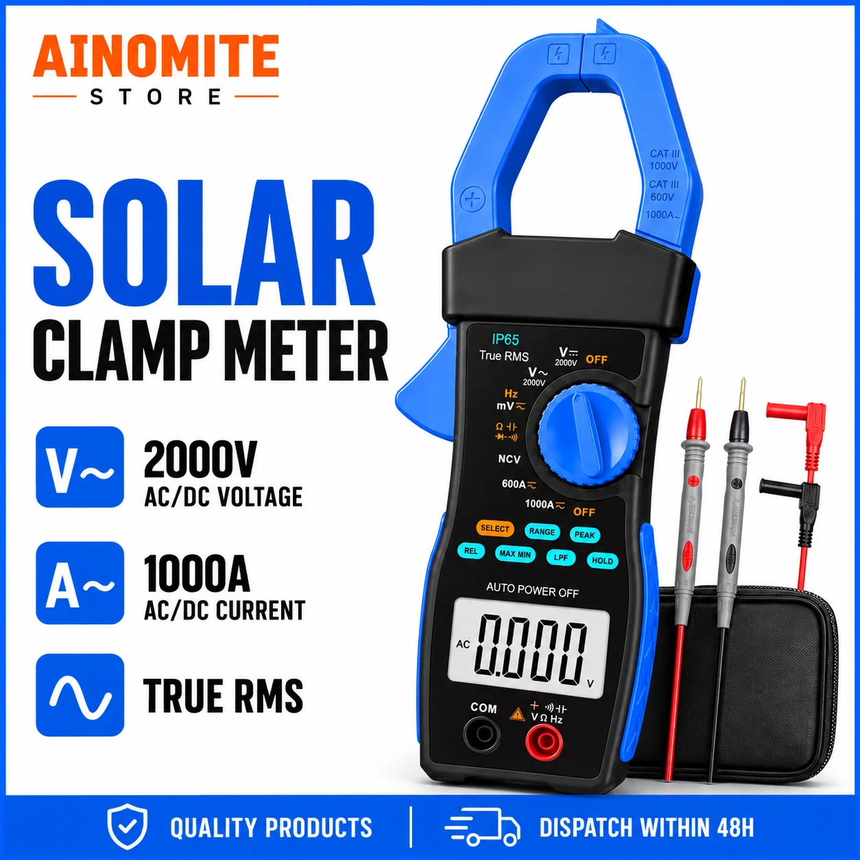 Clamp Meter 6000 Counts TRMS 1000A 2000V AC DC Amp Voltage Tester LowZ NCV for Solar PV Maintenance Off Grid System Diagnosis