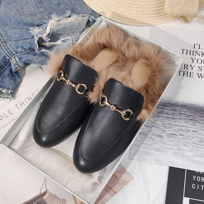 Lady Imitation Rabbit Hair Winter Warm Shoes Short Plush Front Closed Toe Half Slides For Outdoor Leather Metal Chain Slippers