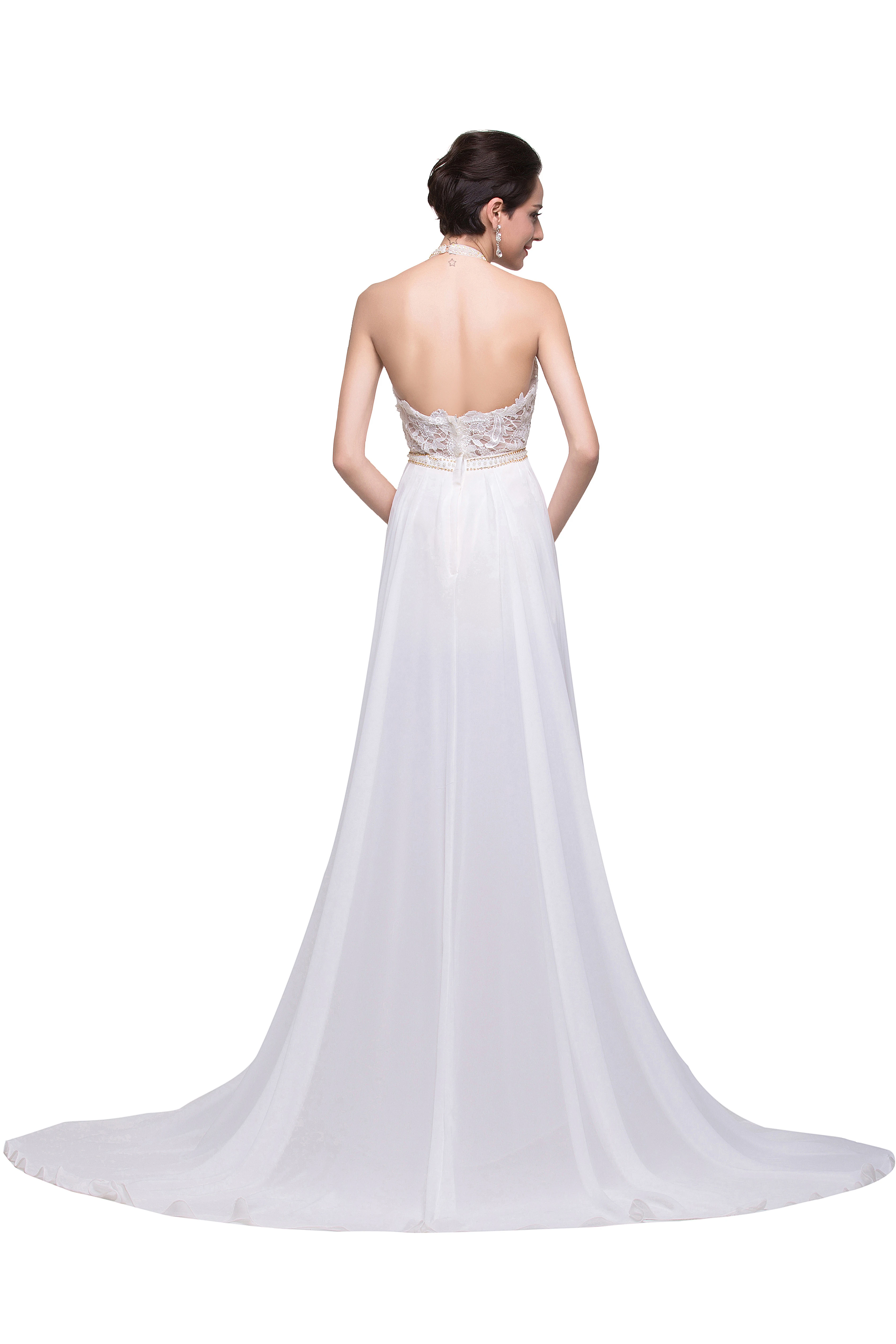 BABYONLINE abito da sposa leggero Sexy Halter Ceckline abito in pizzo floreale ricamato con cintura di cristallo gonna in Chiffon Boho con spacco alto