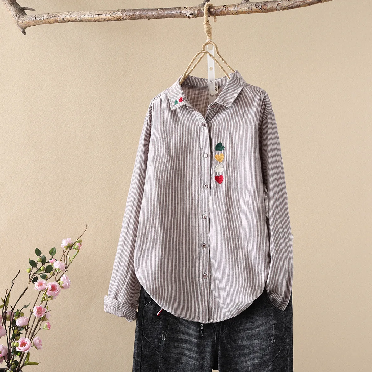 New Summer Cotton Yarn Long Sleeve Shirt, Women Lapel Embroidery Stripe Top, Girl Casual Fashion Loose Blouses, Autumn T478129QM