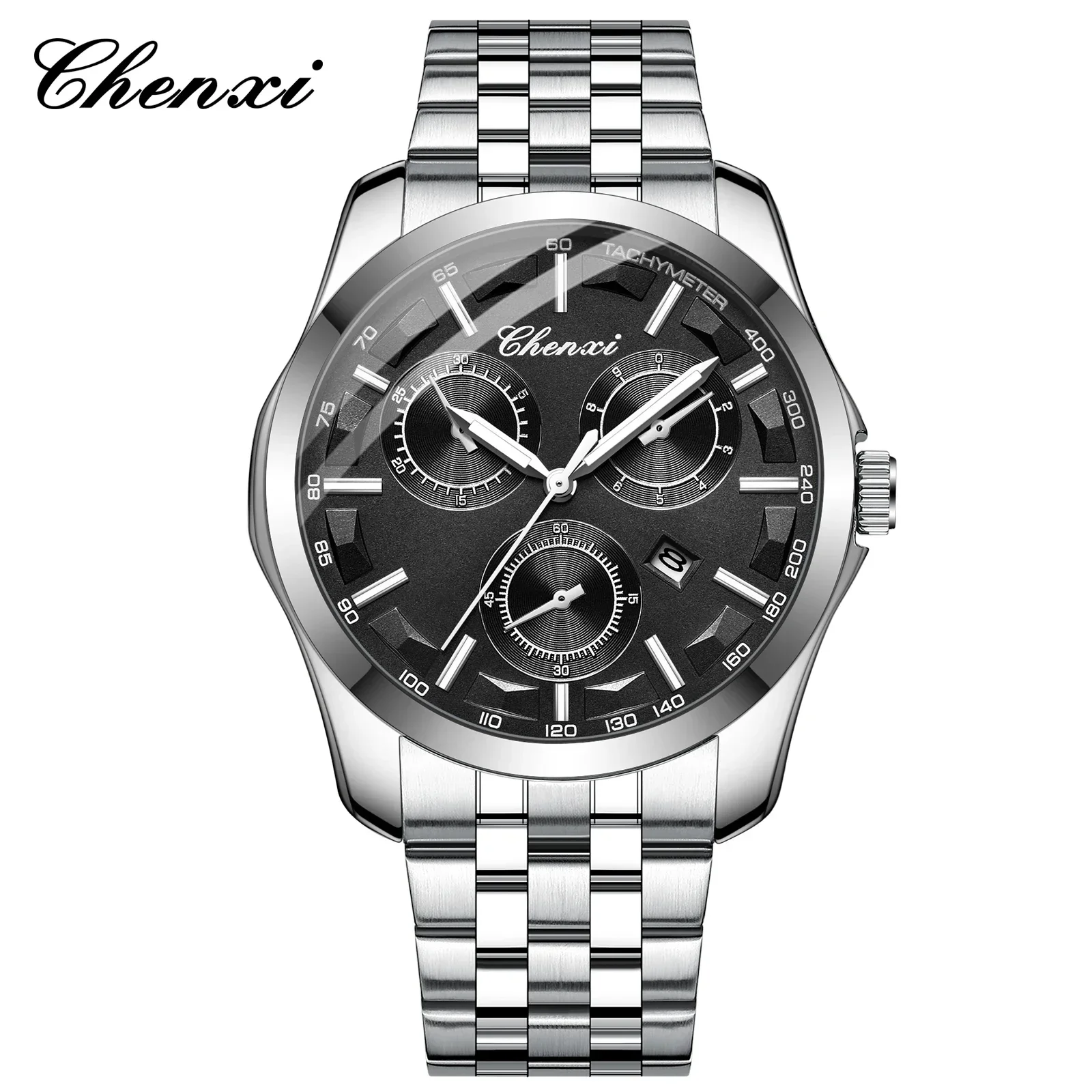 Chenxi 024B Fashion Mens Watches Luxury Silver Stainless Steel Quartz Wrist Business Watch for Man Calendar Clock Reloj Hombre