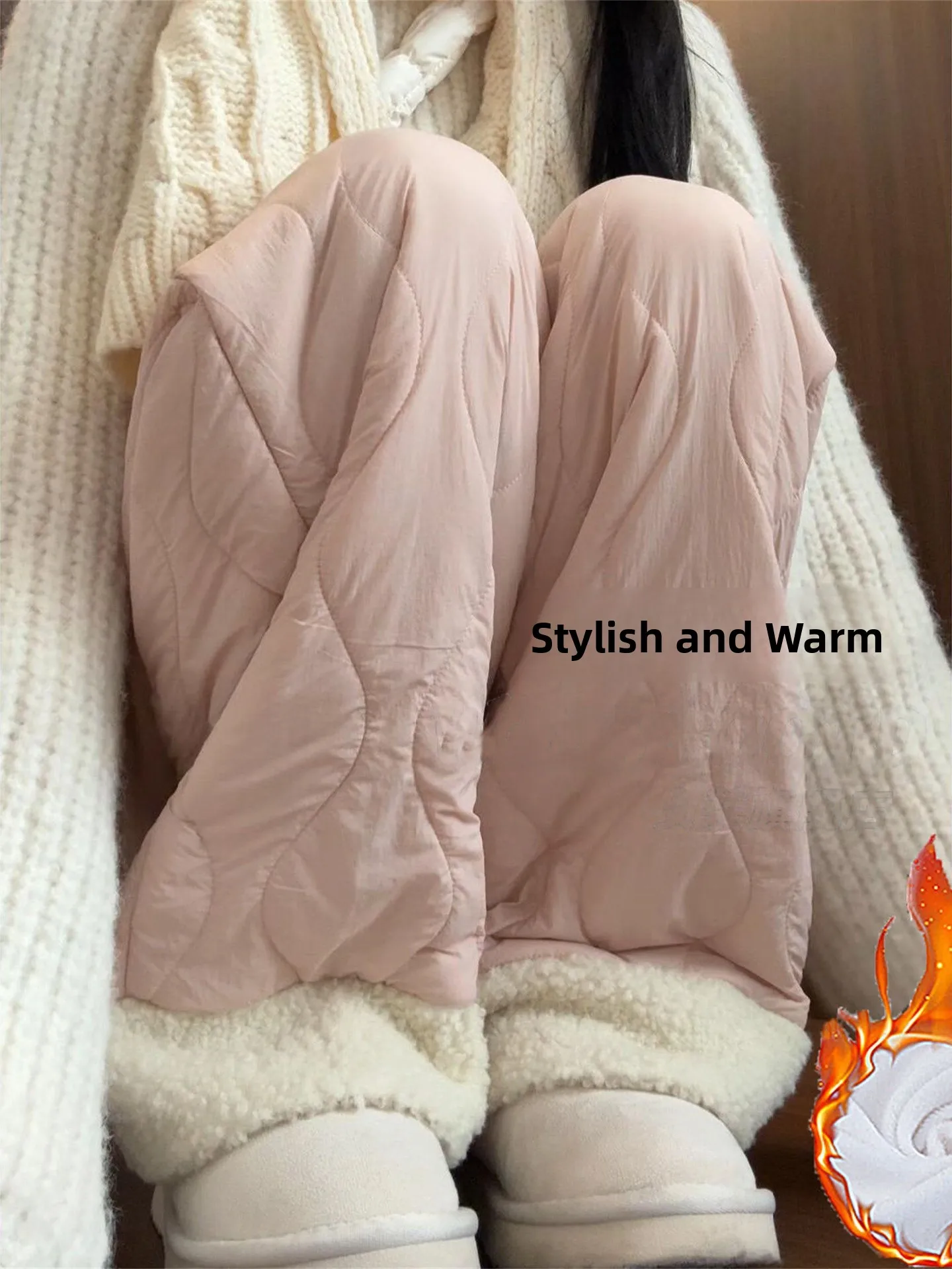 Roze katoenen fce gevoerde casual broek met rechte pijpen Warme comfortabele dames herfst winter hoge taille wijde pijpen broek