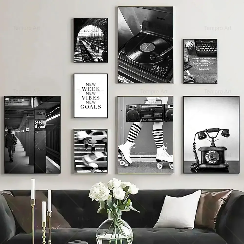 Frameless Canvas PaintingBlack And White Photography Vintage Camera Record Railway World Map Poster Wall Art Canvas Painting Nor