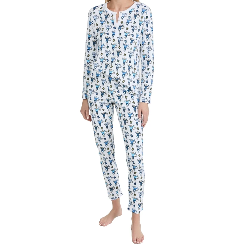 Ensemble de pyjama 2 pièces assressentipour femme, manches longues, col rond, t-shirt boutonné, motif animal de dessin animé en Y, pantalon imprimé, vêtements de nuit pour femme