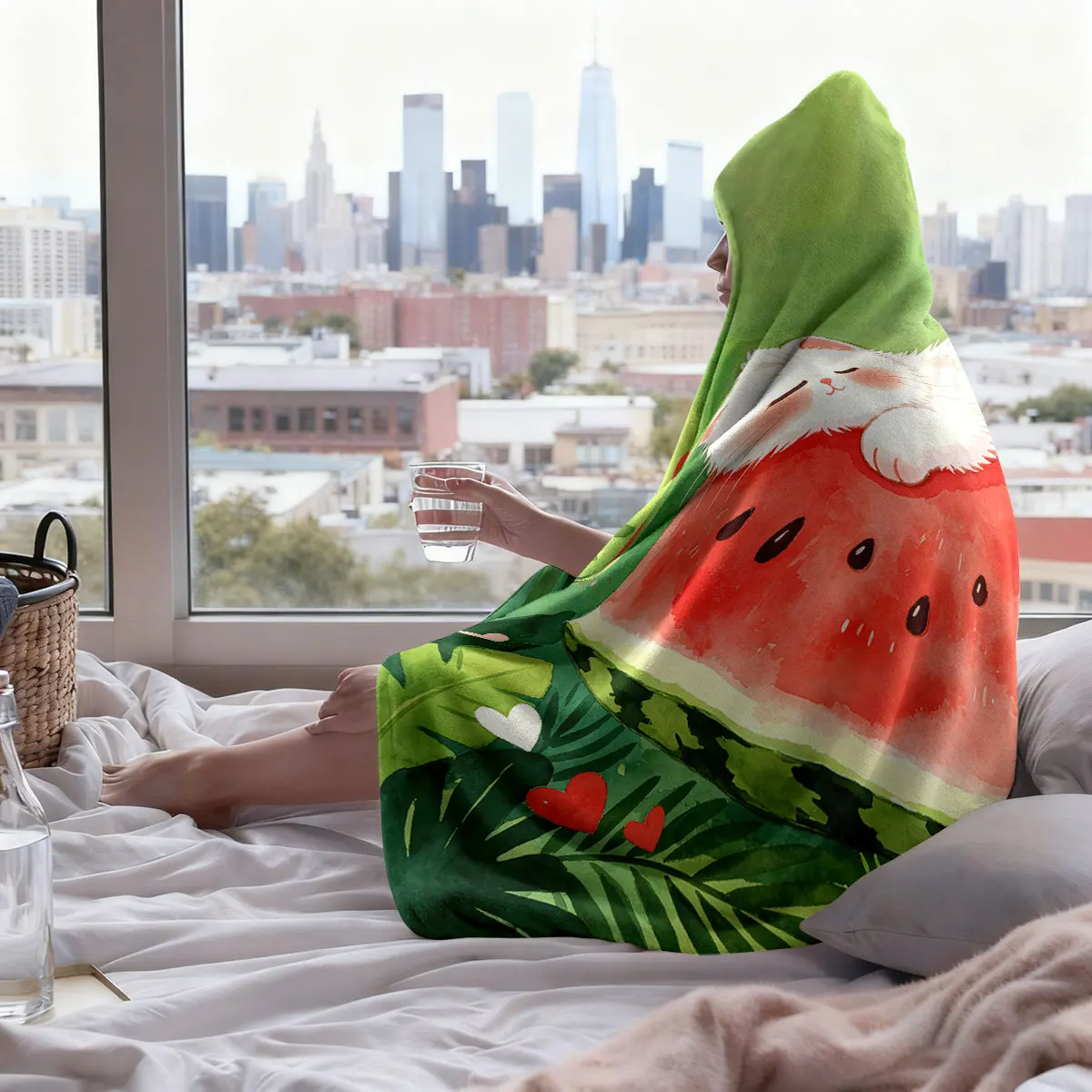 1pc Cartoon Watermelon Kitten Printed Flannel Hoodie Wearable Cloak Blanket Soft Warm Multi Size Casual Blanket Machine Washable