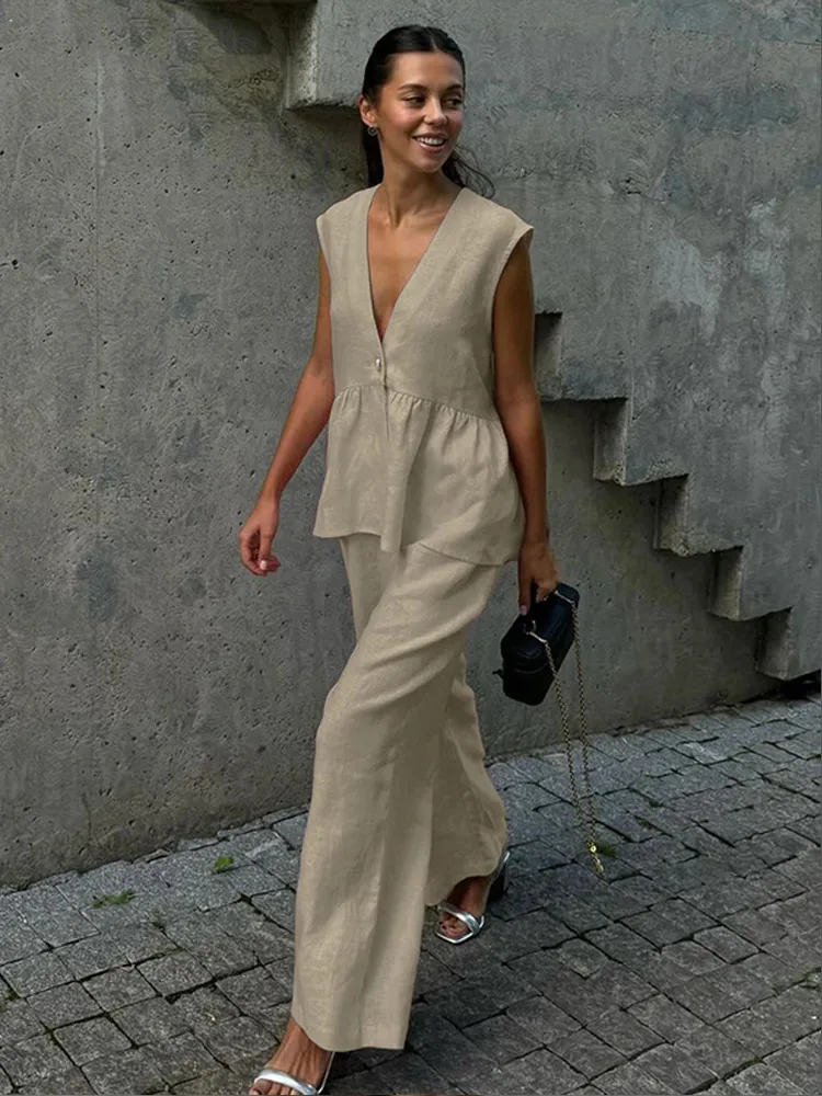 

Ladies Casual Pants Suit Deep V High Waist Single Buckle Sleeveless Shirt Long Trousers Set Pure Color Commuting Leisurewear