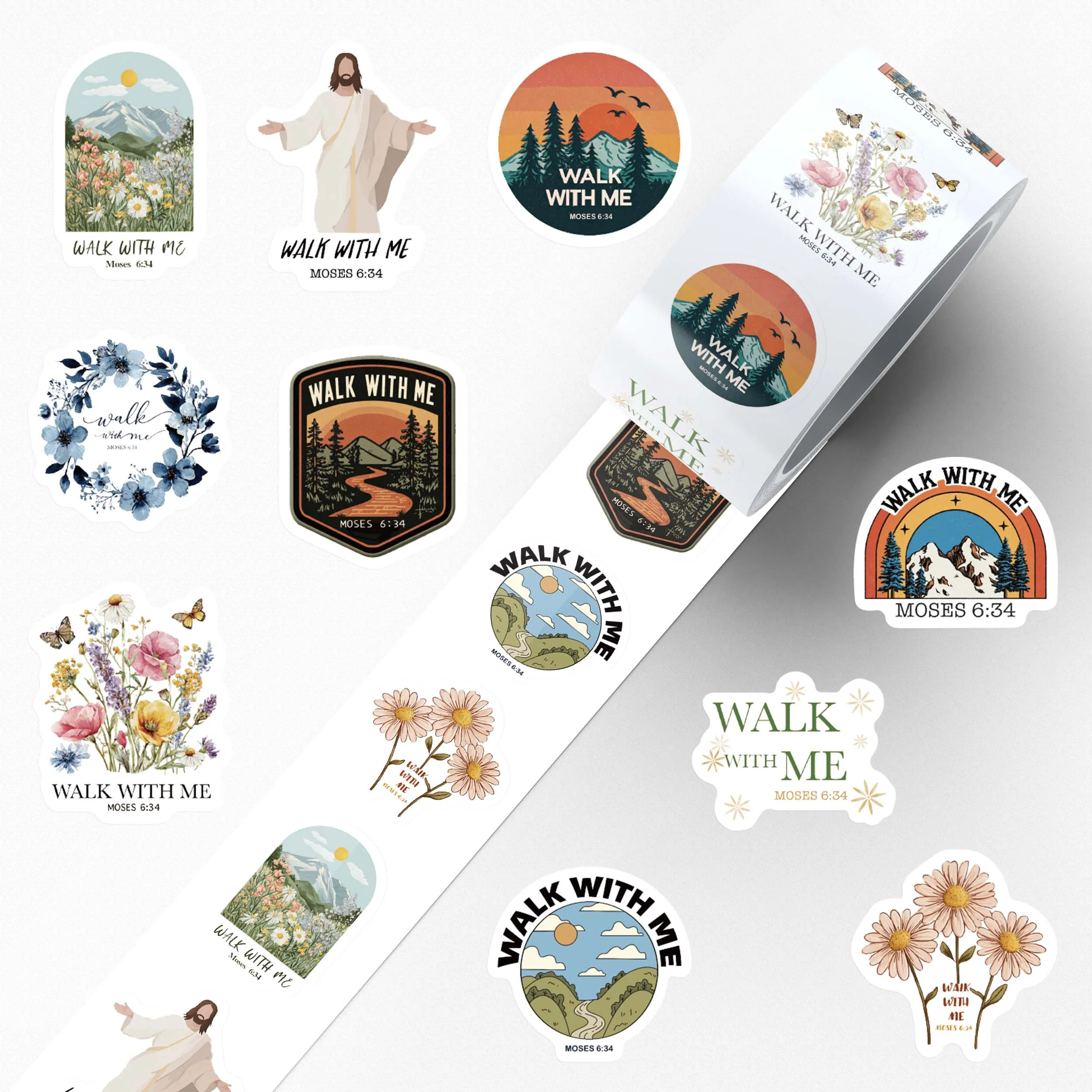 500pcs Jesus Walk With Me Roll Stickers Bible Verse Faith Decals For Laptop Suitcase Notebook Envelope DIY Aesthetic Stickers
