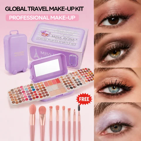 All In One Travel Makeup Palette 130 Colors Matte Shimmer Eyeshadow Blush Highlighter Powder Complete 8Pcs Makeup Brushes Set Portable Mini Suitcase Cosmetic Kit For Daily Party Makeup