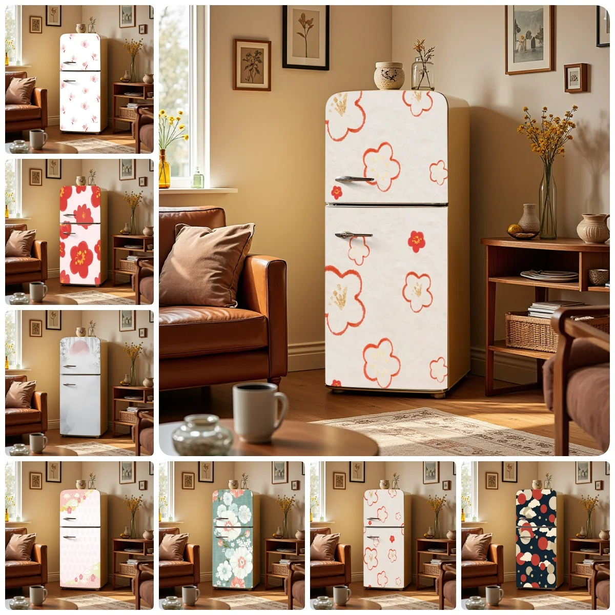 Kitchen Appliances In Japanese - 일본풍 미니멀리즘 스타일의 꽃무늬 냉장고 스티커,