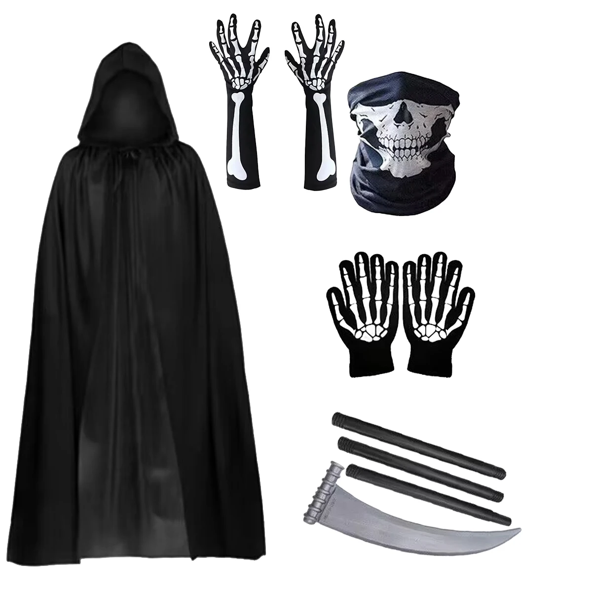 2026 Terror Stitch Halloween Party Cosplay boy Adult Death Black Cloak, Halloween Death Skull Skeleton Ball Costume Prop Set