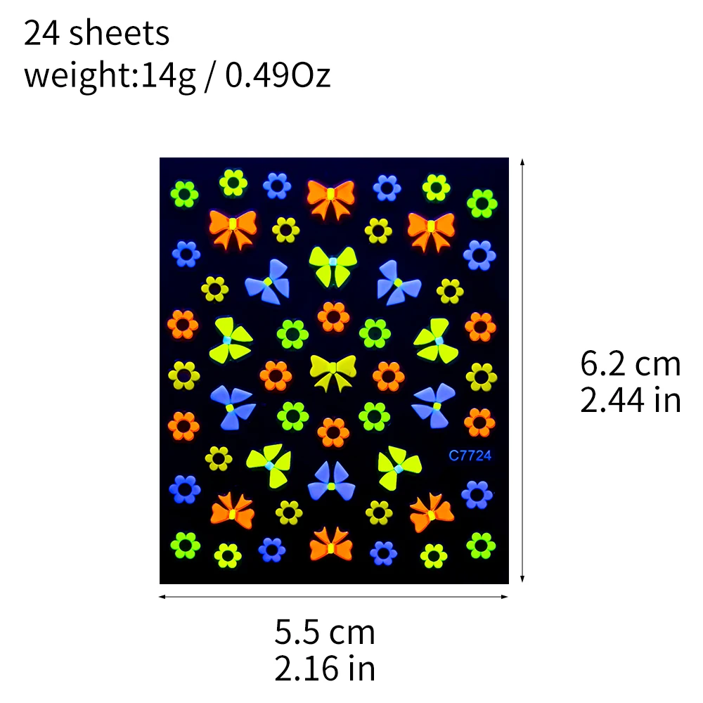 24 قطعة ثلاثية الأبعاد زهرة الفلورسنت/فراشة ملصقات الأظافر توهج في الظلام لاصق الشارات النيون الأزهار ملصق لديكور أظافر الحفلات *
