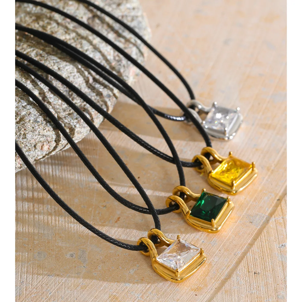 Yhpup 2026 PU Leather Chain Stainless Steel Rectangle Crystal  Pendant Necklace Prom Party Fashion Neck Jewelry