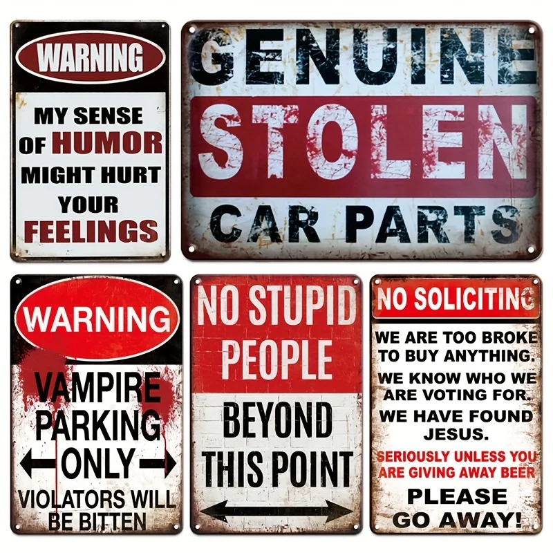 5pcs Fun Sarcastic Metal Wall Decor with Humorous Sayings - Vintage Distressed Style for Man Cave, Office, Garage, Studio Decor