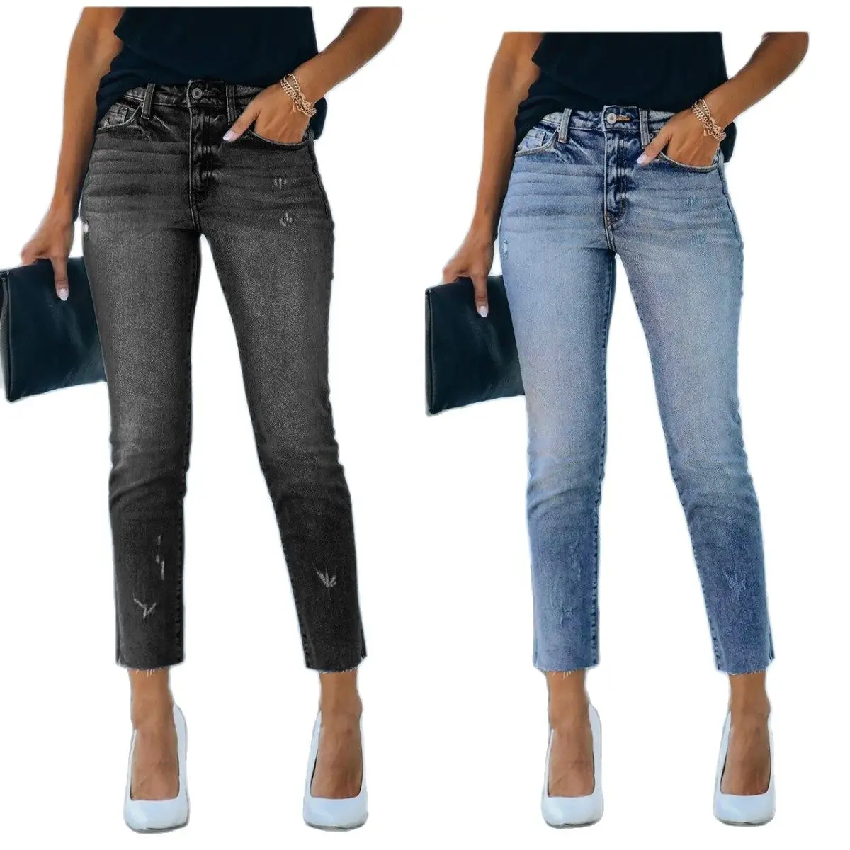 

2023 Spring New Women's Mid-Waist Ripped Jeans Fashion High Elasticity Slit Ankle-Length Denim Straight Pants Female Clothing