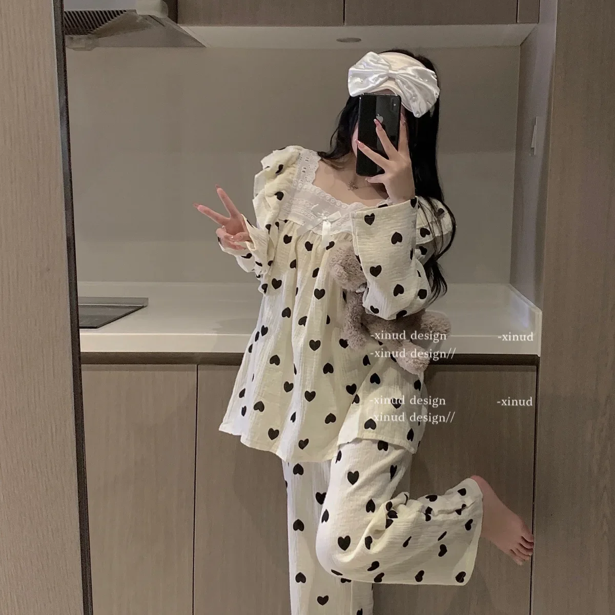 

Heart Print Sleepwear Women Pajama Sets Square Collar Pants Sets 2 Pieces Piiama Korean Sleeping Full Sleeve Sping Night Wears