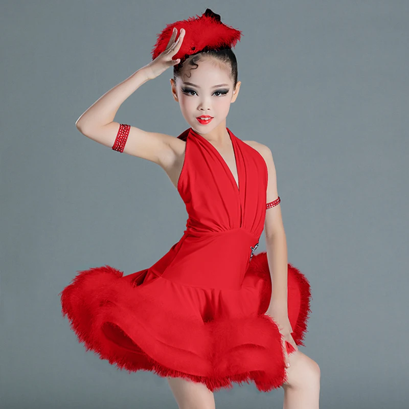 New Kids Latin Dance Costume Girls Performance Clothes Red White Feather Dress Cha Cha Ballroom Dance Competition Dress BL7088