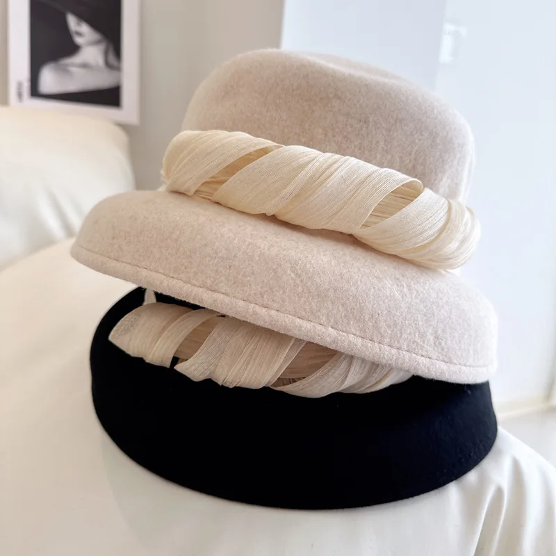 High quality Hepburn style silk hemp ribbon lampshade hat Autumn-Winter Australian wool felt hat Fashion elegant French top hat