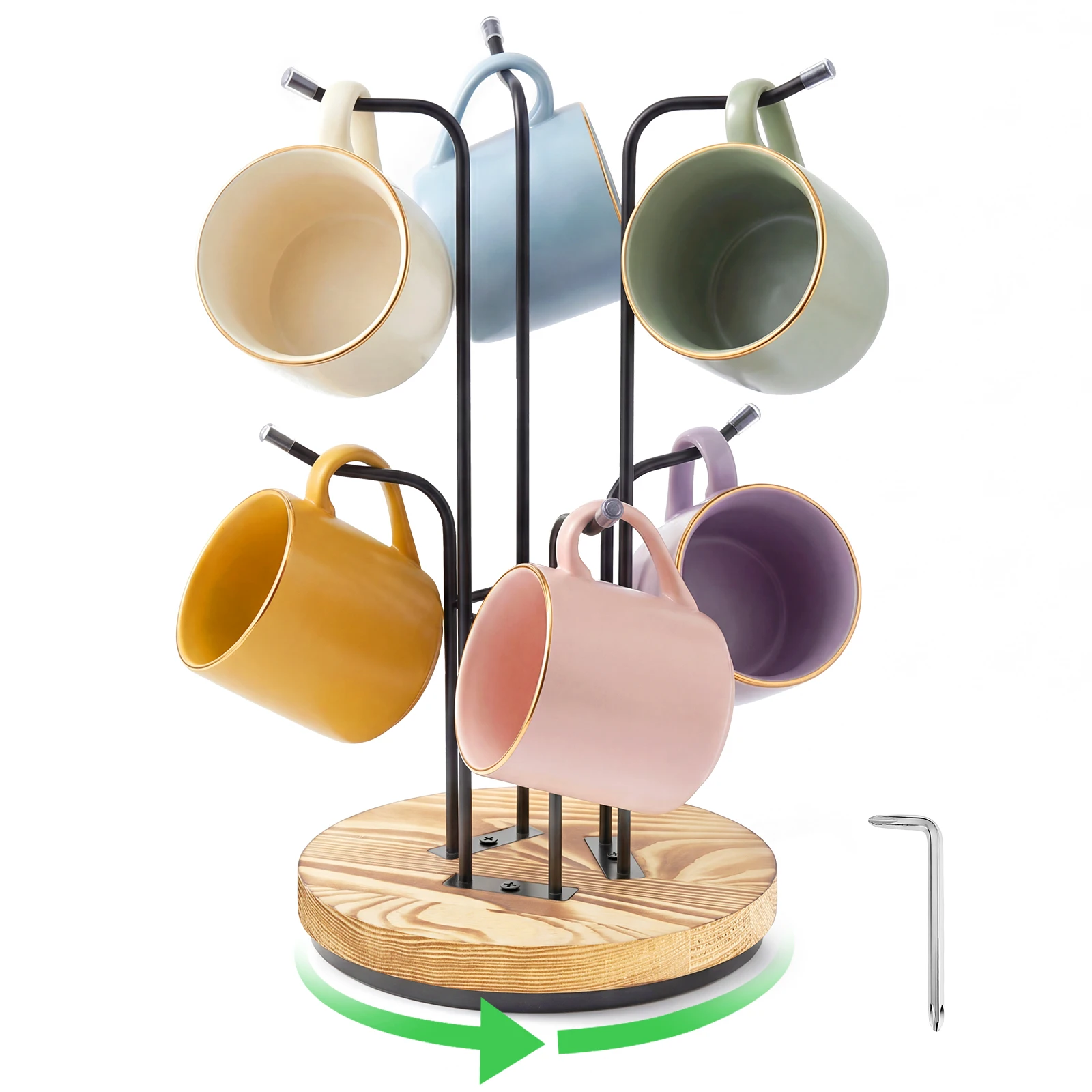 

360 ° Вращающаяся сушилка для кофейных кружек с 6 крючками, подставка для бутылок с водой, органайзер для кухонной столешницы