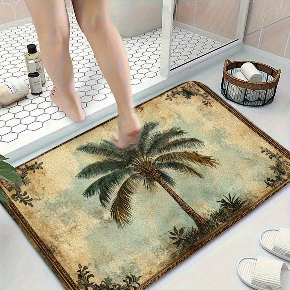 VIKAMA Alfombra de suelo estilo tropical de palmera vintage, antideslizante y absorbente, para entrada, baño, cocina, alfombra, decoración del hogar