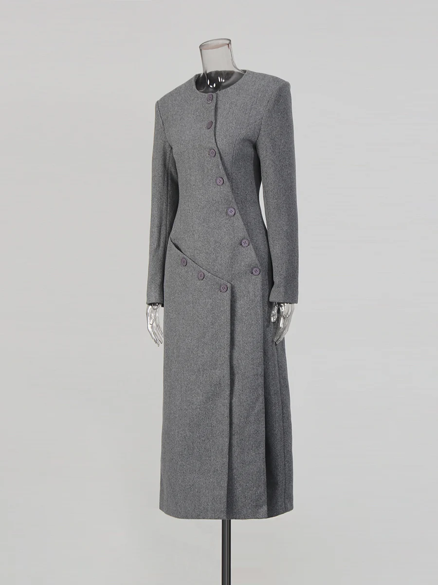 VGH French Style Solid Temperament Trench For Women Round Neck Long Sleeve Spliced Button Autumn Slimming Casual Coat Female New