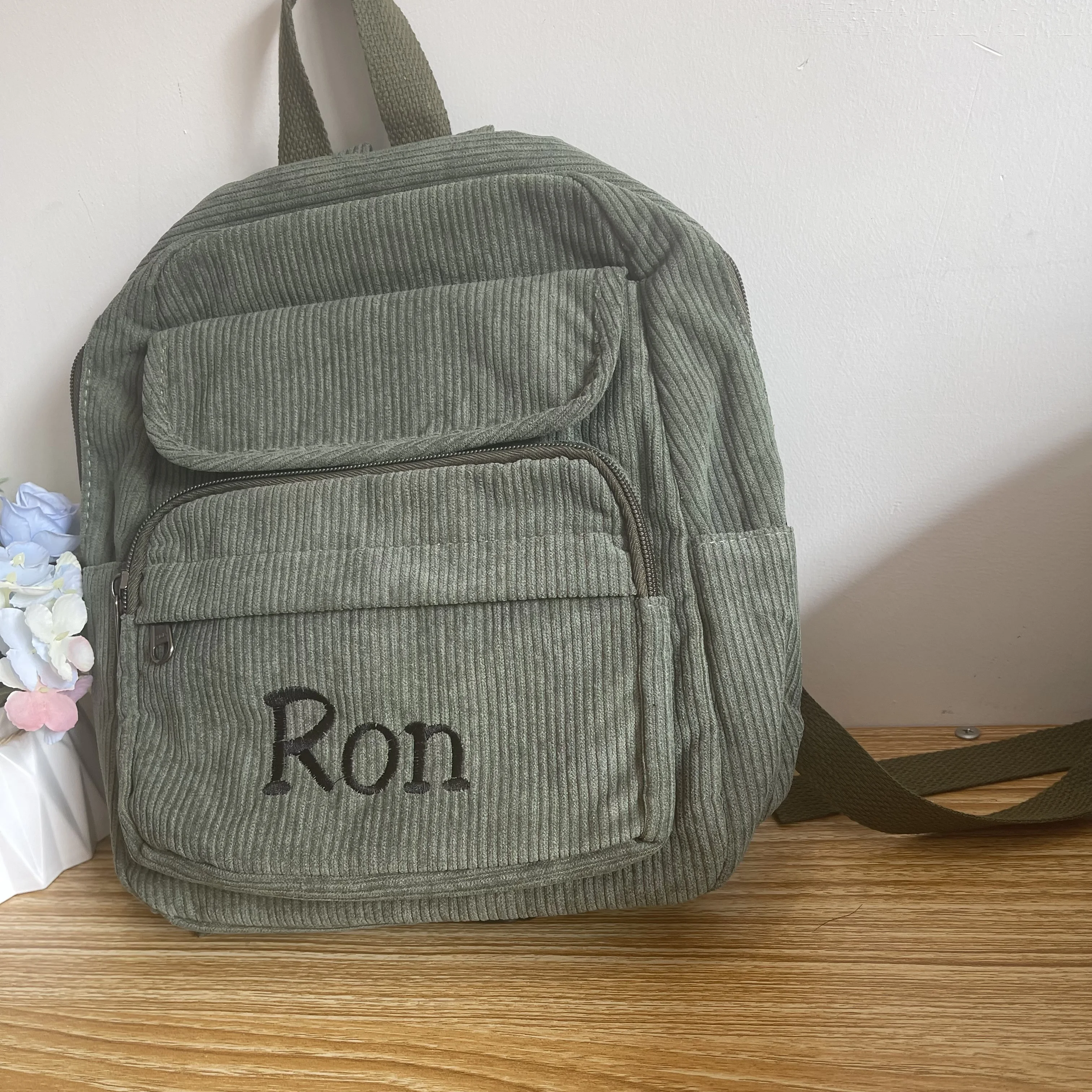 Embroidered Corduroy Backpack Personalized Customization for High School Students Retro, Lightweight Bag, Outdoor Snack Backpack