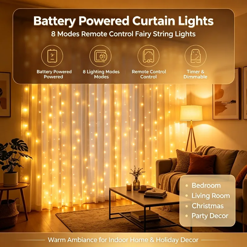 Battery Operated Curtain Lights with Remote 8 Modes LED Window String Lights for Bedroom Wedding Christmas Home Wall Decor