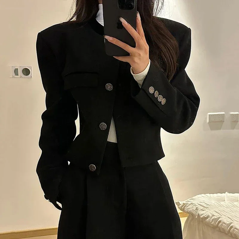 Blazers recortados negros Vintage para mujer, chaquetas cortas de manga larga, abrigos ajustados sólidos para mujer, ropa de exterior coreana