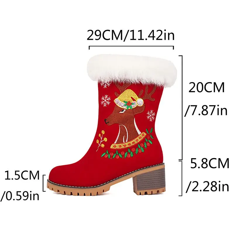 

Girseaby Retro Warm Mid Calf Boots Women Flock Suede 5.8cm Block Heels Slip On Embroider Extended Size 42 43 Cute Daily Fall