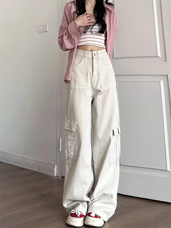 

High Waist Straight Leg Denim Work Pants Women's Loose Fit Casual Slimming Wide Leg Jeans High Street Sand Color