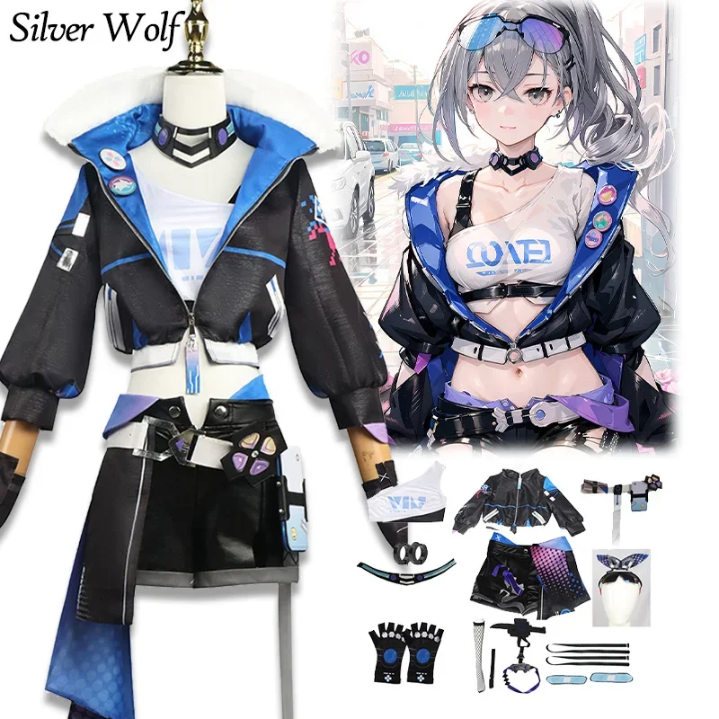 Game honkai star Rail Silver Wolf cosplay costume wig set uniform glasses earring stellaron hunters hacker Halloween party women