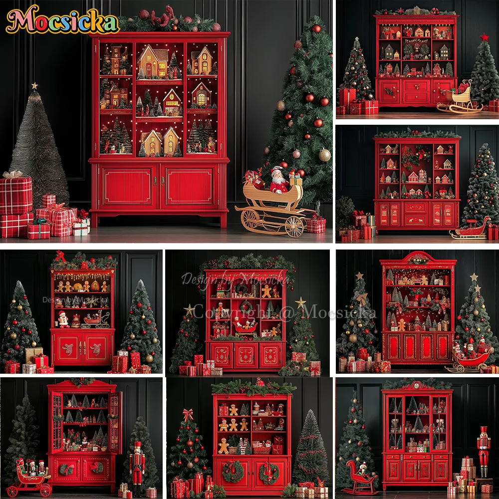 

Mocsicka Red Christmas Gift Shelf Background Photography Santa Workshop Xmas Tree Wall Backdrop Winter Kid Birthday Photo Studio