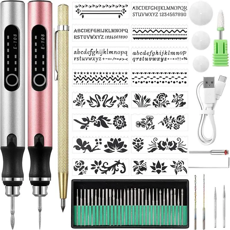 2 Pcs USB Rechargeable Engraving Pen With Bits Cordless Engraving Machine Electric For Jewelry Wood Glass Stone -A27R