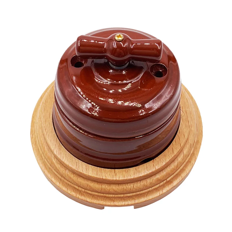 Retro Ceramics Switch EU Socket Wooden Base Brown Primary Wood Color Switch Accessories Hole Diameter 71mm