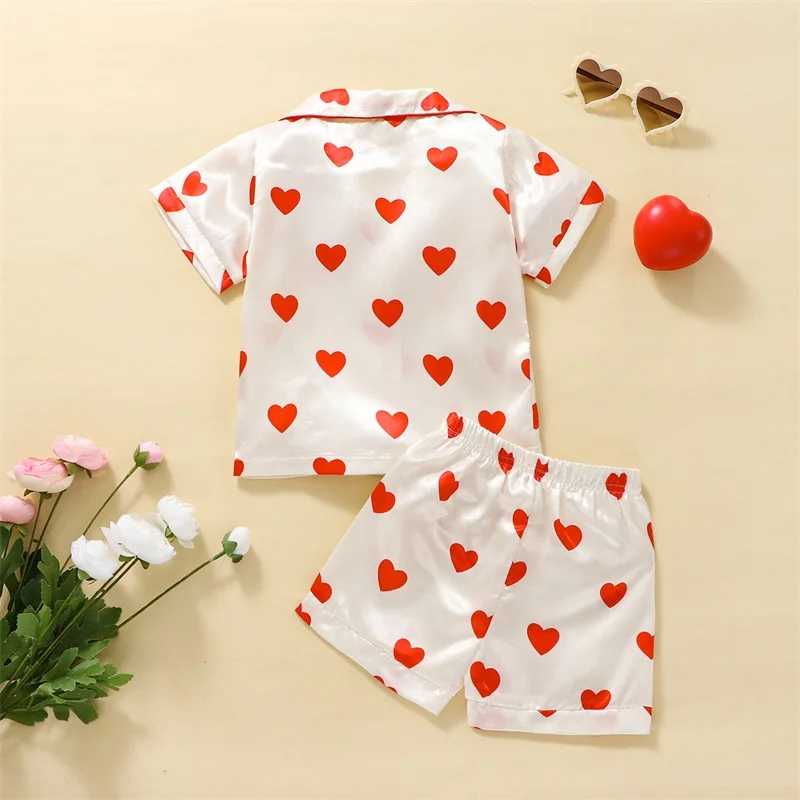 EWODOS Kids Girls Summer Pajama Sets Heart Print Turn-Down Collar Short Sleeve Tops + Elastic Waist Shorts 2Pcs Suit Outfits Set