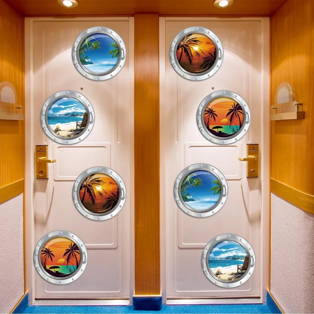 4Pcs Boat Porthole Tropical Beach Magnet, Sunset Coconut Forest Vacation Wind Refrigerator Sticker, Cruise Ship Door Magnet